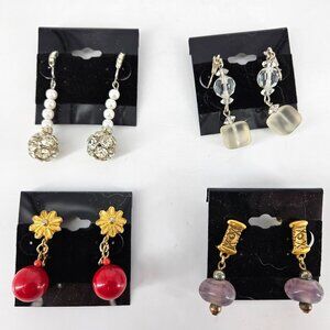 Vintage Fashion Earrings Clip Ons Set Lot 4 Dangle Hanging Costume Jewelry